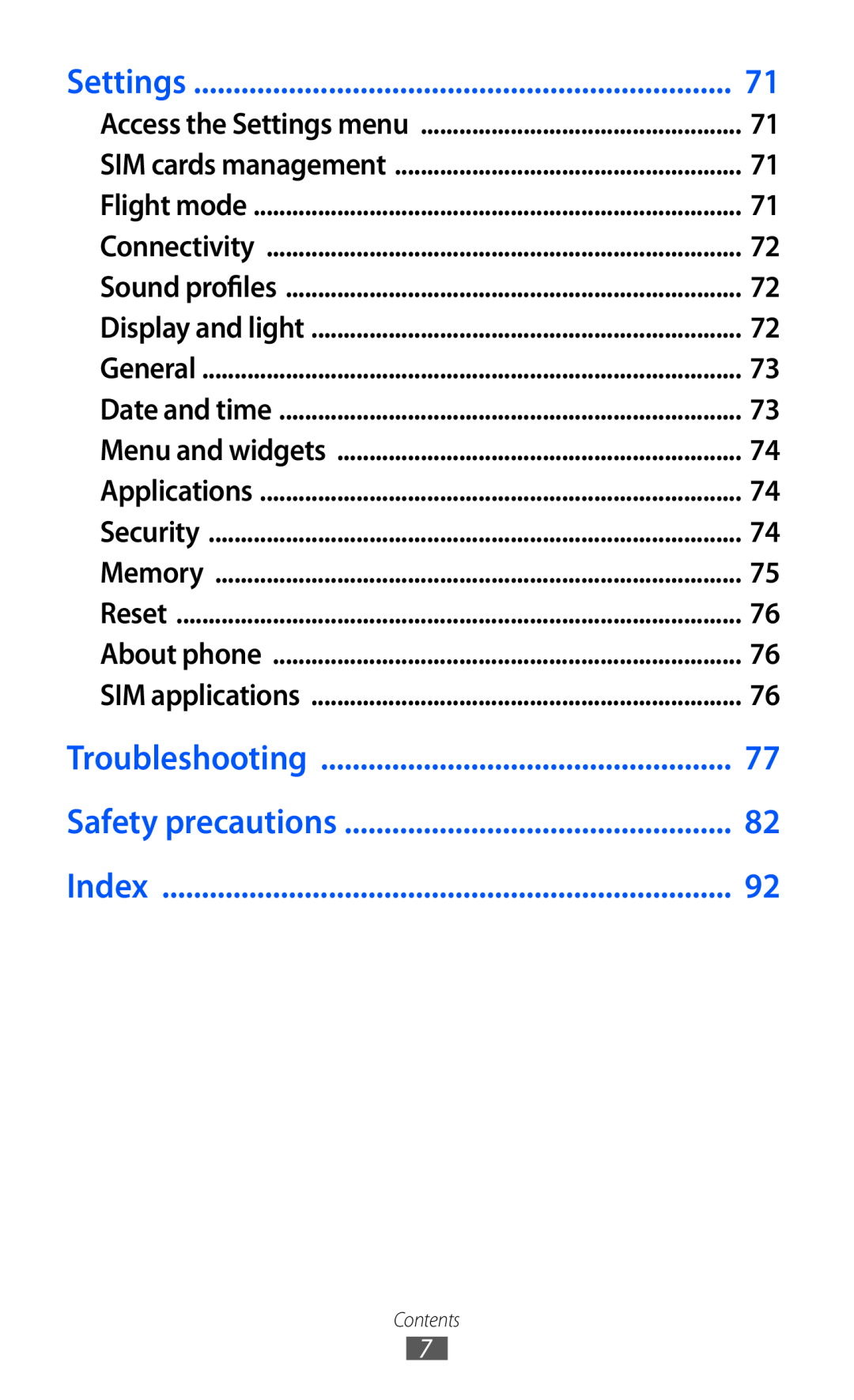 Samsung GT-C6712LKUSKZ, GT-C6712LKACIT, GT-C6712RWACIT manual Settings, Troubleshooting, Safety precautions, Index, Contents 