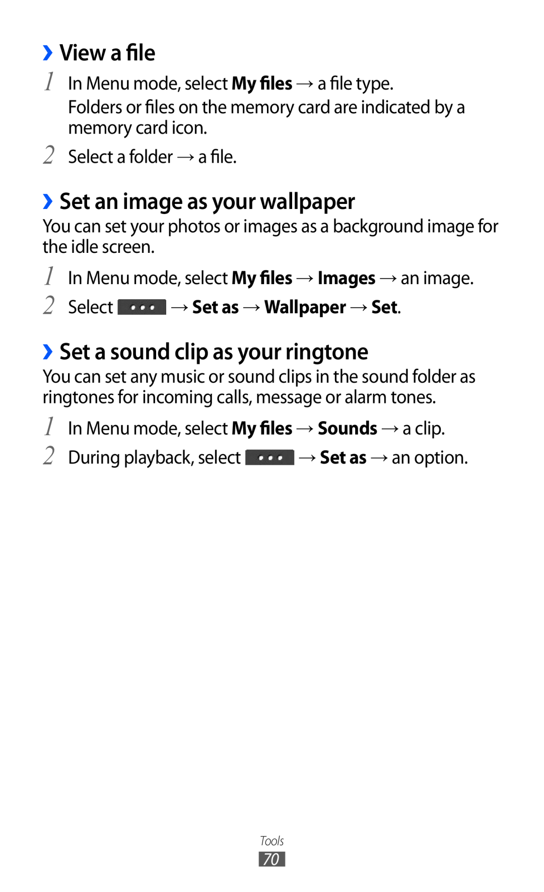 Samsung GT-C6712XKASER, GT-C6712LKACIT View a file, ››Set an image as your wallpaper, ››Set a sound clip as your ringtone 