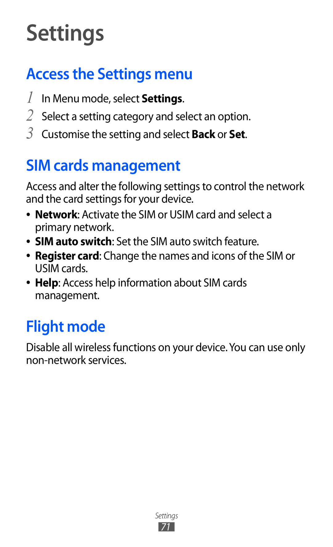 Samsung GT-C6712LKASER, GT-C6712LKACIT, GT-C6712RWACIT manual Access the Settings menu, SIM cards management, Flight mode 
