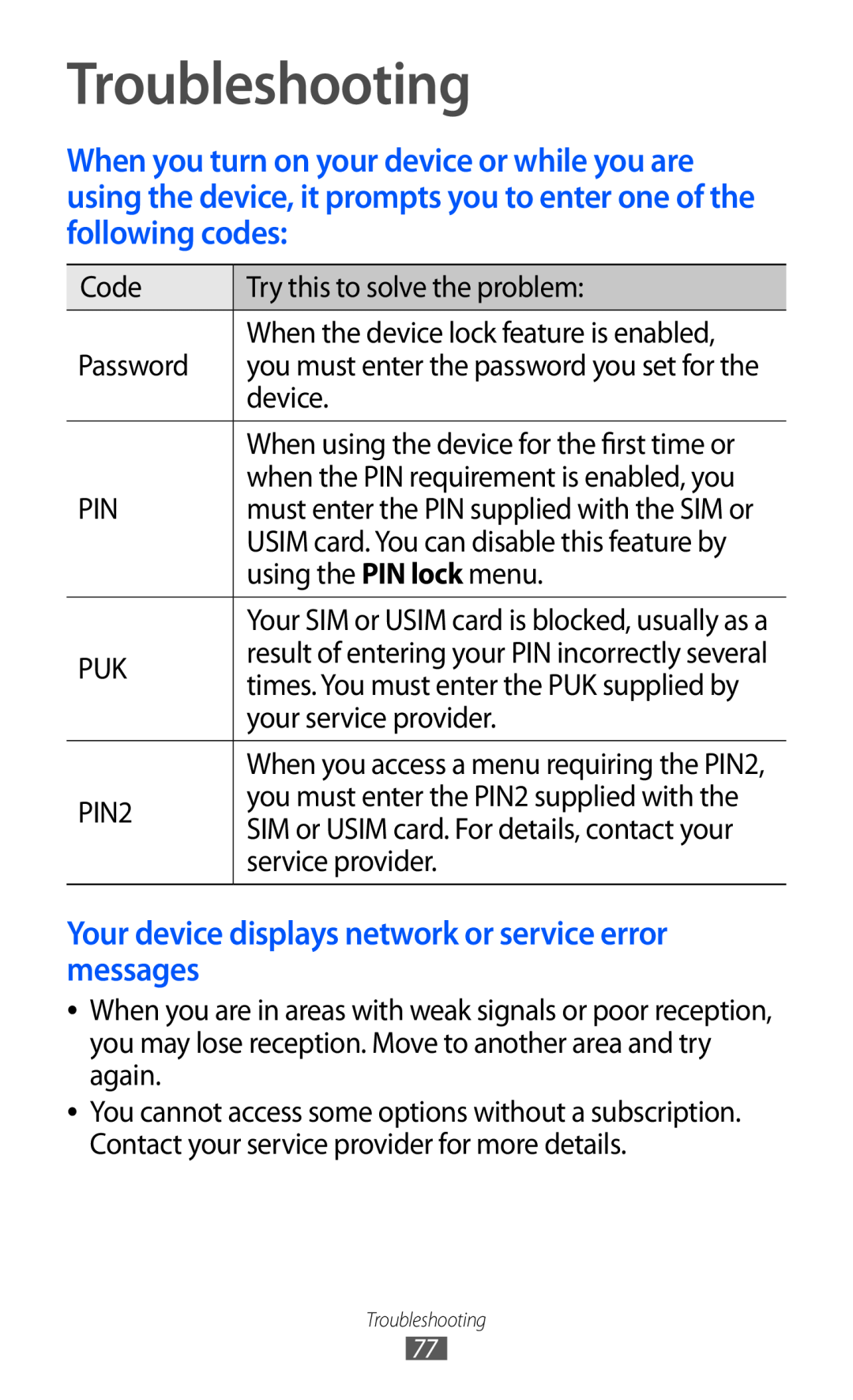 Samsung GT-C6712LKAAFG, GT-C6712LKACIT manual Troubleshooting, Your device displays network or service error messages 
