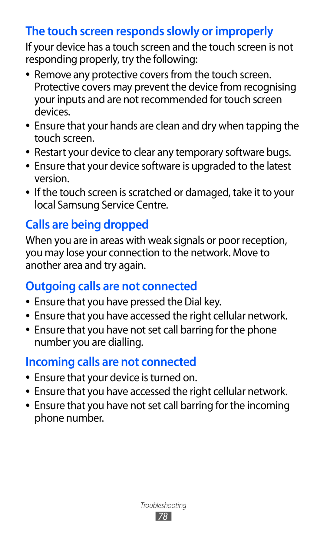 Samsung GT-C6712LKAEGY manual Calls are being dropped, Outgoing calls are not connected, Incoming calls are not connected 