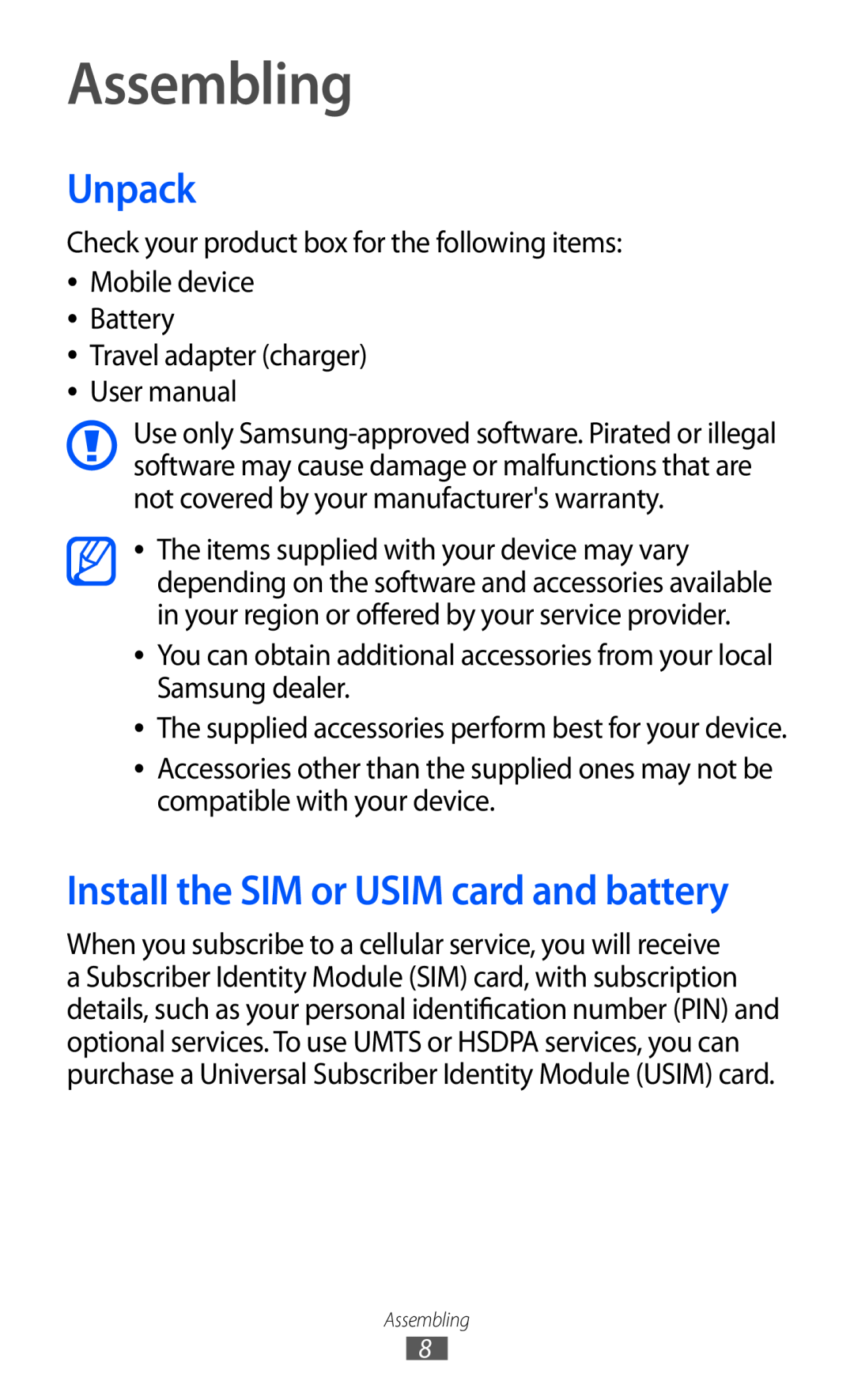 Samsung GT-C6712LKATHR Assembling, Unpack, Install the SIM or USIM card and battery, Travel adapter charger User manual 