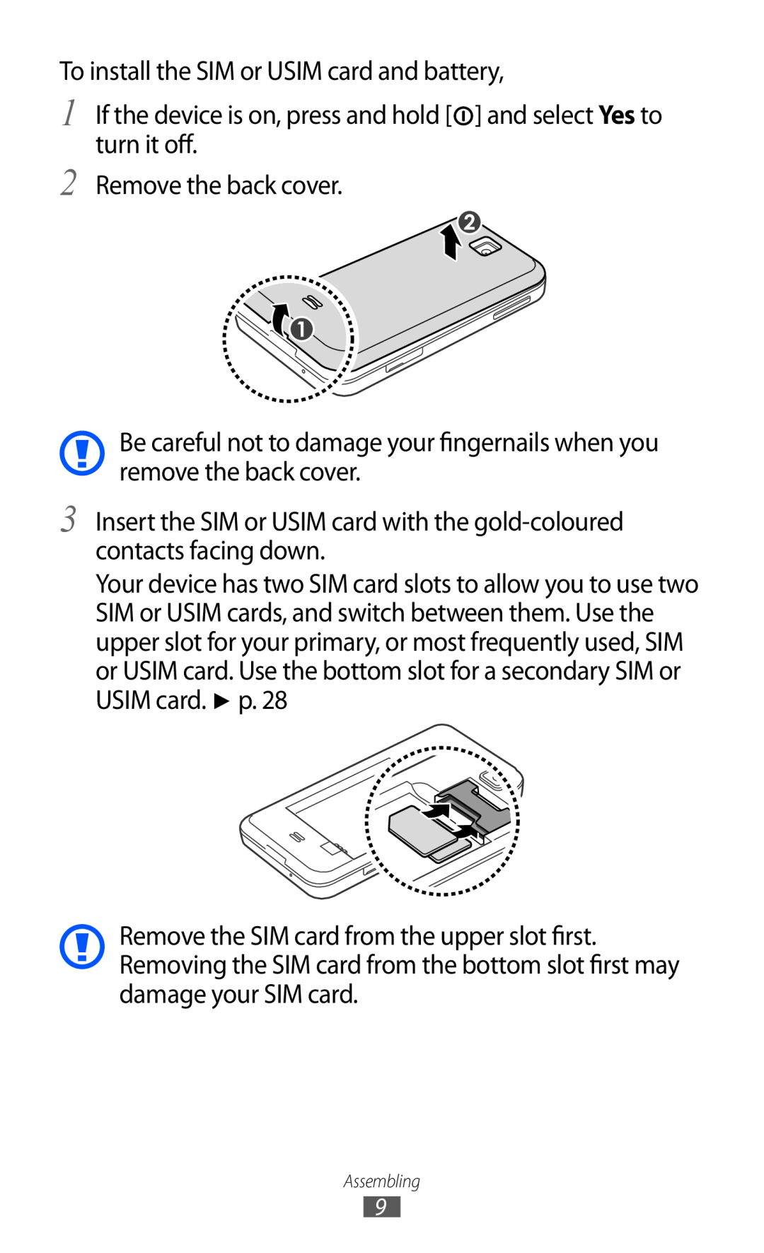 Samsung GT-C6712LKASKZ, GT-C6712LKACIT, GT-C6712RWACIT, GT-C6712LKAFOP manual To install the SIM or USIM card and battery 