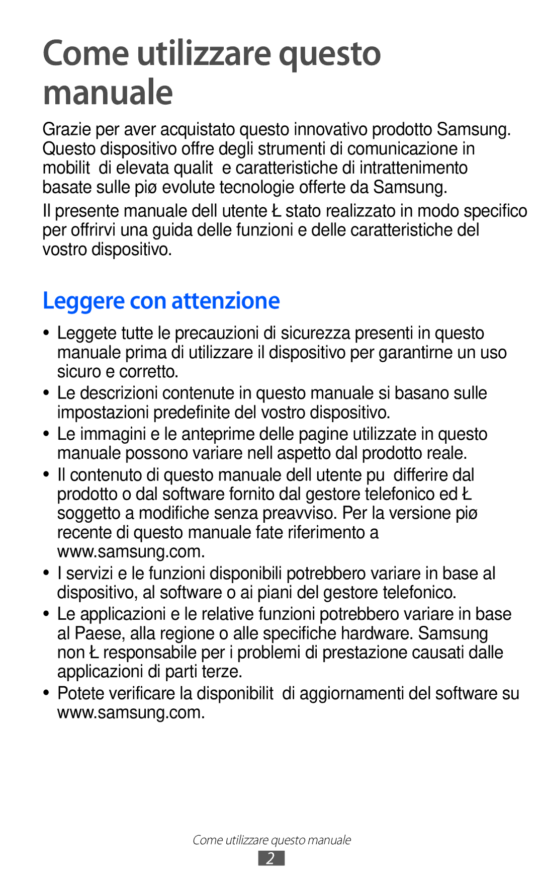 Samsung GT-C6712LKACIT, GT-C6712RWACIT Come utilizzare questo manuale, Leggere con attenzione 