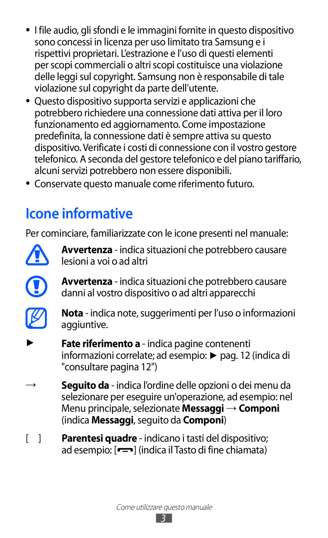 Samsung GT-C6712RWACIT, GT-C6712LKACIT Icone informative, Conservate questo manuale come riferimento futuro, Ad esempio 