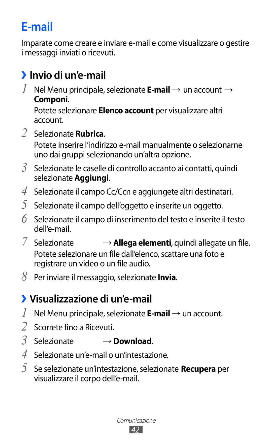 Samsung GT-C6712LKACIT, GT-C6712RWACIT manual Mail, ››Invio di un’e-mail, Visualizzazione di un’e-mail, → Download 