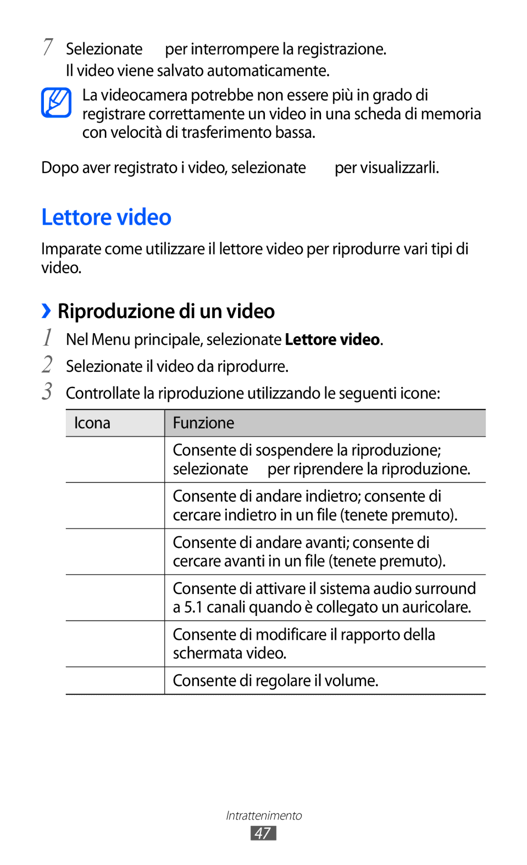 Samsung GT-C6712RWACIT, GT-C6712LKACIT manual Lettore video, ››Riproduzione di un video 