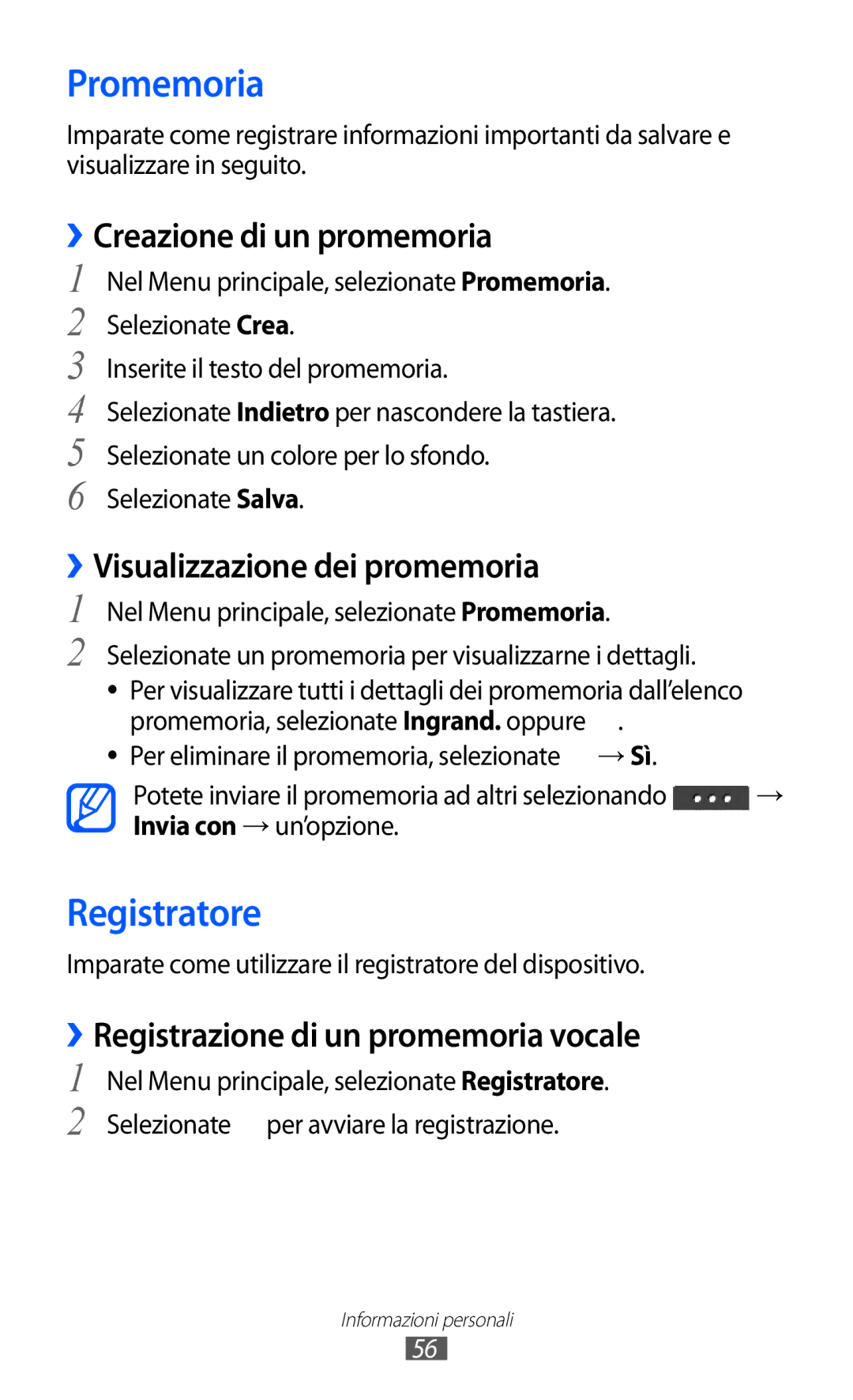 Samsung GT-C6712LKACIT manual Promemoria, Registratore, ››Creazione di un promemoria, ››Visualizzazione dei promemoria 