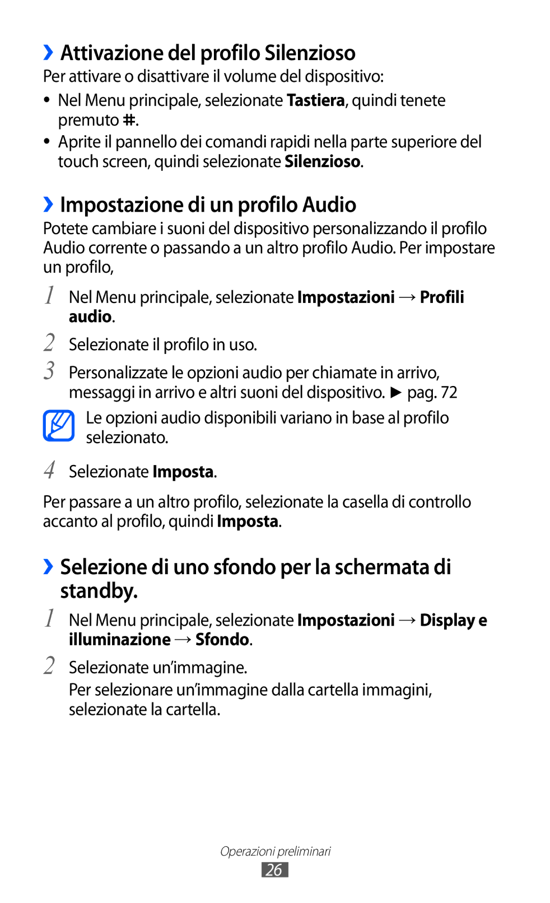 Samsung GT-C6712LKACIT, GT-C6712RWACIT manual ››Attivazione del profilo Silenzioso, ››Impostazione di un profilo Audio 