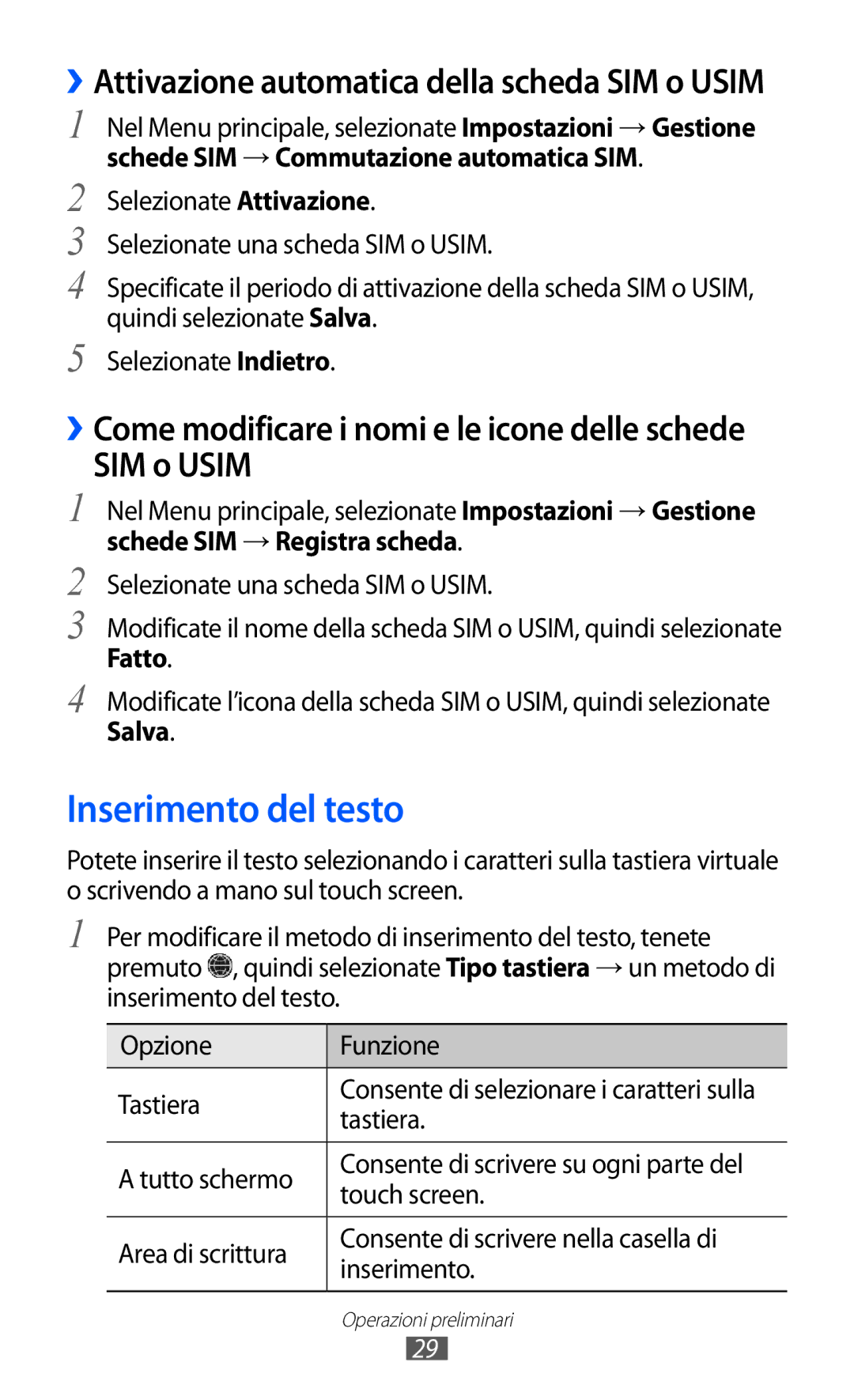 Samsung GT-C6712RWACIT, GT-C6712LKACIT manual Inserimento del testo, SIM o Usim, Schede SIM → Registra scheda, Fatto, Salva 