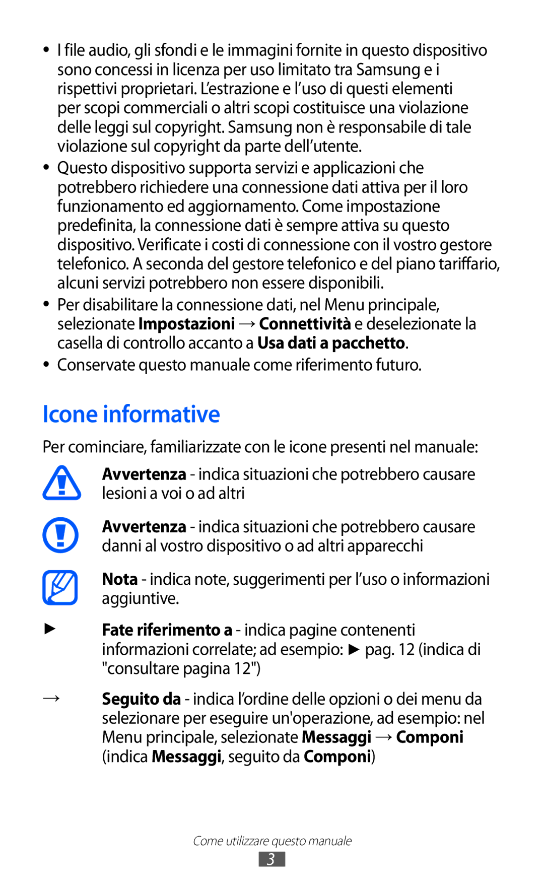 Samsung GT-C6712RWACIT, GT-C6712LKACIT Icone informative, Conservate questo manuale come riferimento futuro 