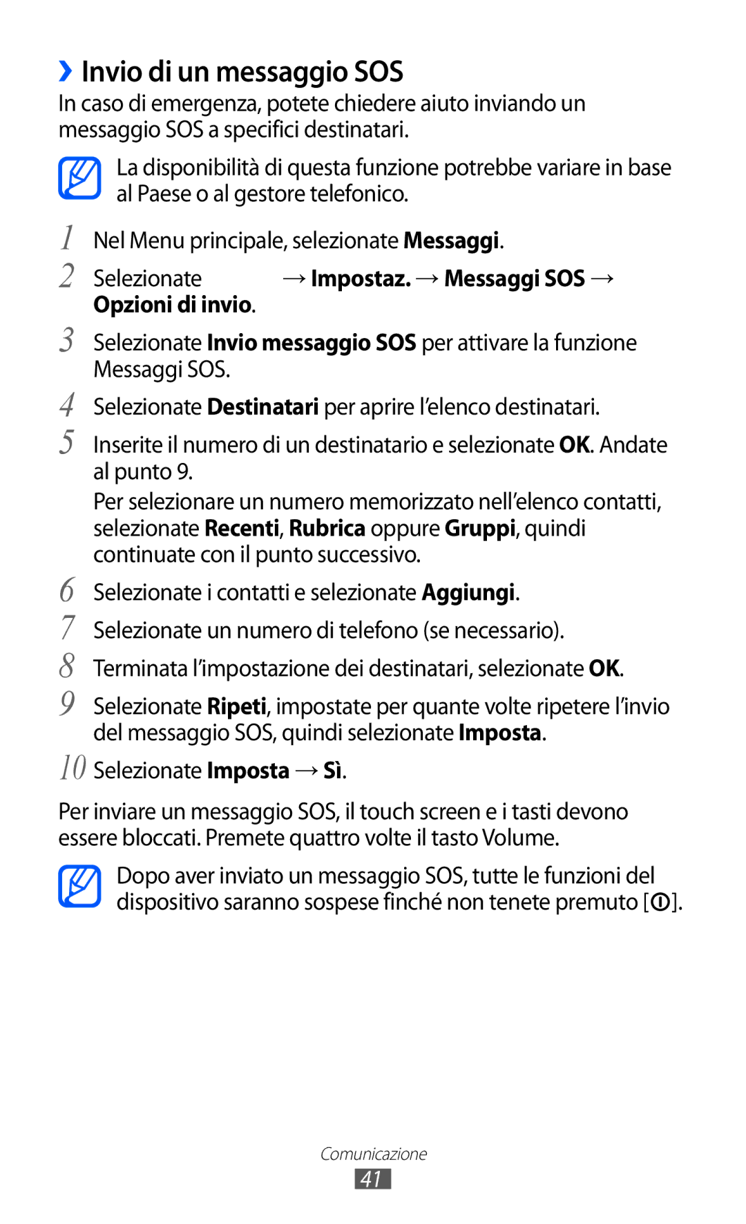 Samsung GT-C6712RWACIT, GT-C6712LKACIT manual ››Invio di un messaggio SOS, → Impostaz. → Messaggi SOS →, Opzioni di invio 