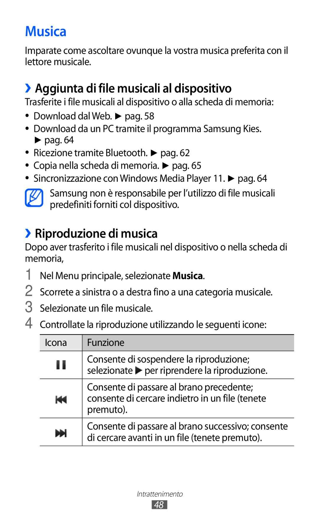 Samsung GT-C6712LKACIT, GT-C6712RWACIT manual Musica, ››Aggiunta di file musicali al dispositivo, ››Riproduzione di musica 