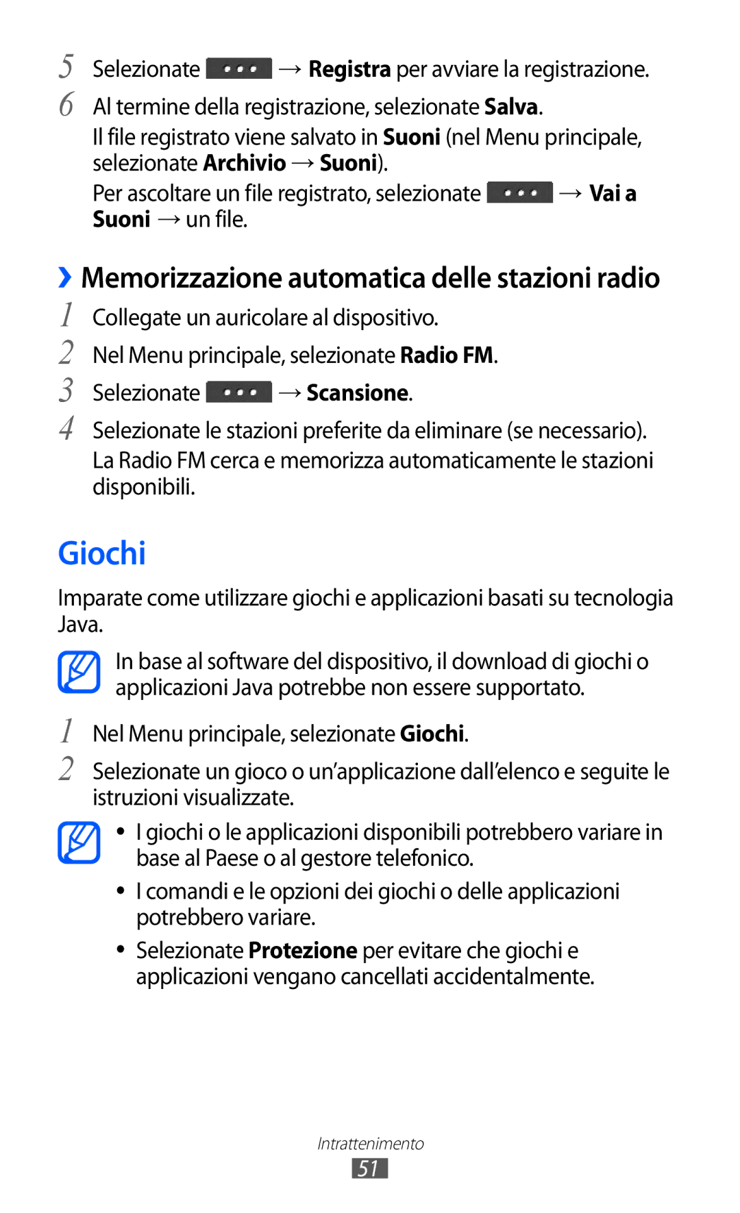 Samsung GT-C6712RWACIT, GT-C6712LKACIT manual Giochi, ››Memorizzazione automatica delle stazioni radio 