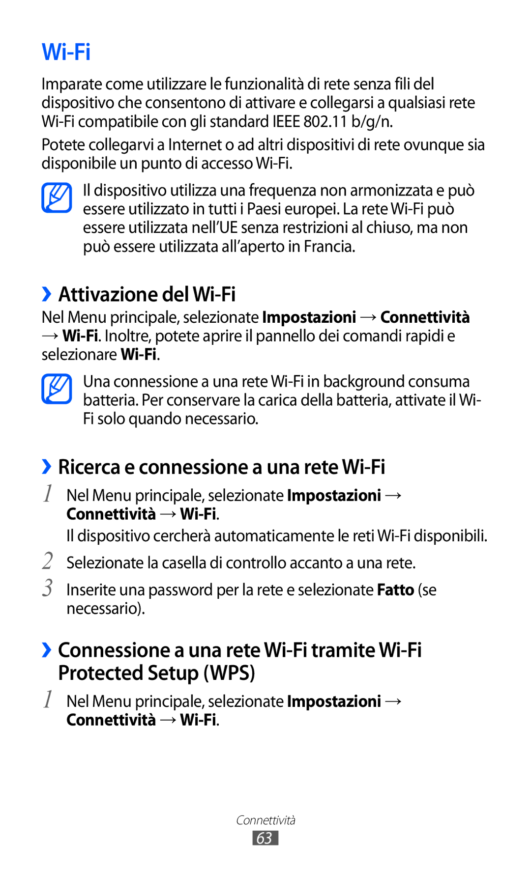 Samsung GT-C6712RWACIT manual ››Attivazione del Wi-Fi, ››Ricerca e connessione a una rete Wi-Fi, Connettività → Wi-Fi 