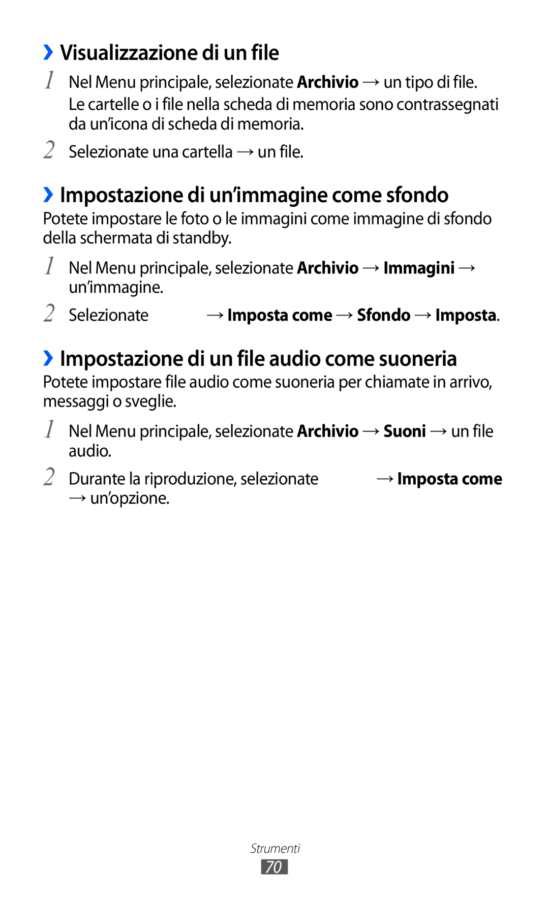 Samsung GT-C6712LKACIT manual ››Visualizzazione di un file, ››Impostazione di un’immagine come sfondo, → un’opzione 