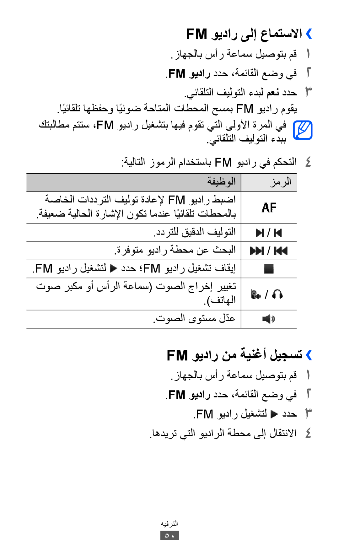 Samsung GT-C6712LKAJED manual Fm ويدار ىلإ عامتسلاا››, زاهجلاب سأر ةعامس ليصوتب مق1, يئاقلتلا فيلوتلا ءدبب, فتاهلا 