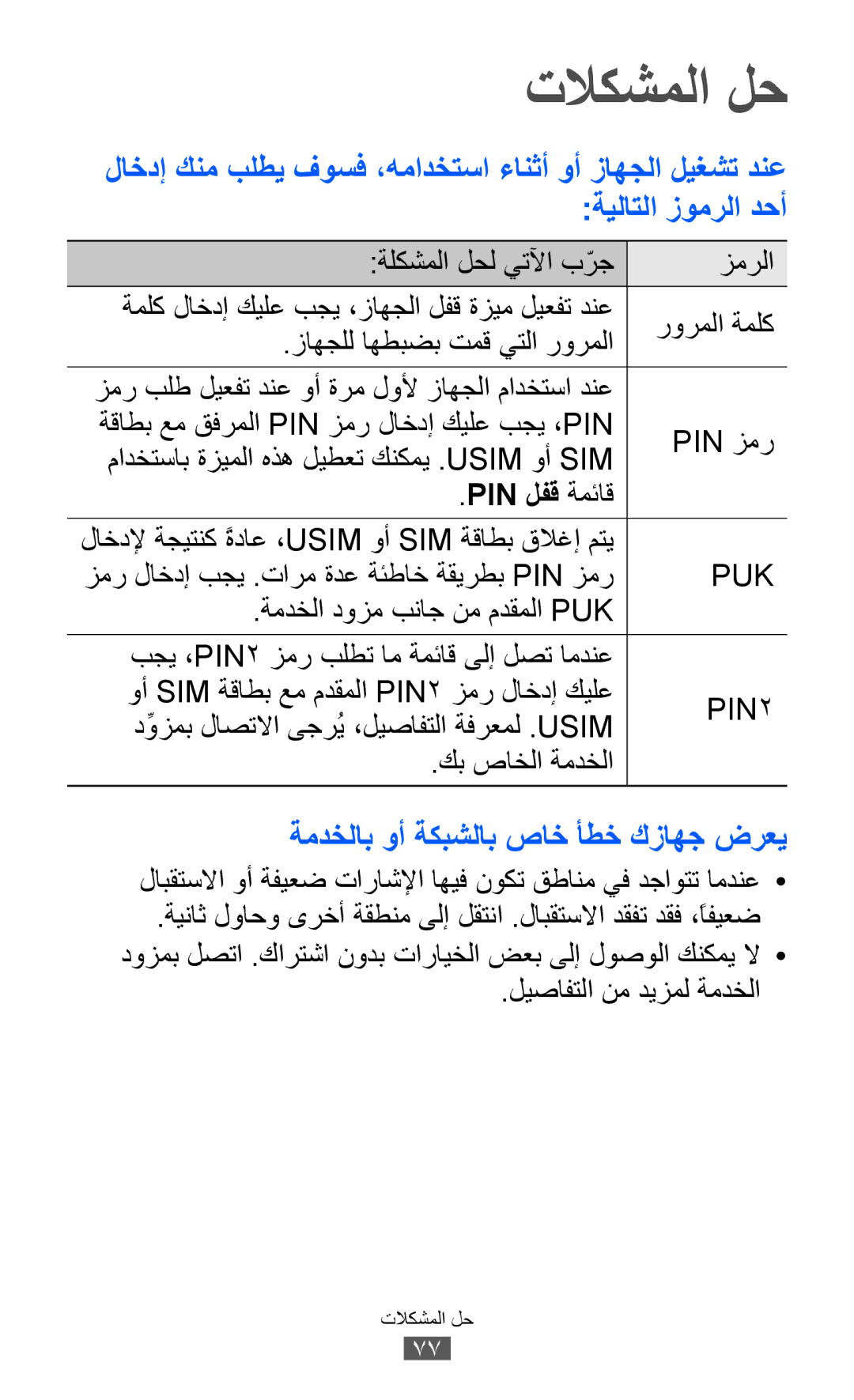 Samsung GT-C6712RWASKZ, GT-C6712LKAKSA, GT-C6712RWATHR, GT-C6712LKAAFG, GT-C6712LKAEGY manual تلاكشملا لح, Pin لفق ةمئاق 