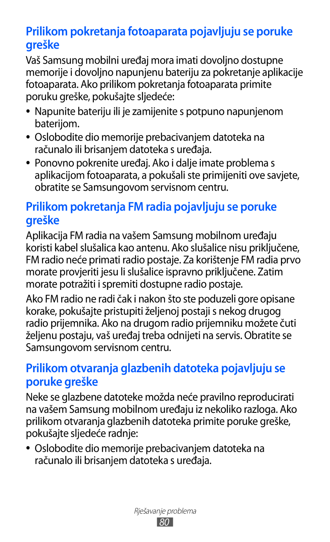 Samsung GT-C6712LKATRA manual Prilikom pokretanja fotoaparata pojavljuju se poruke greške 