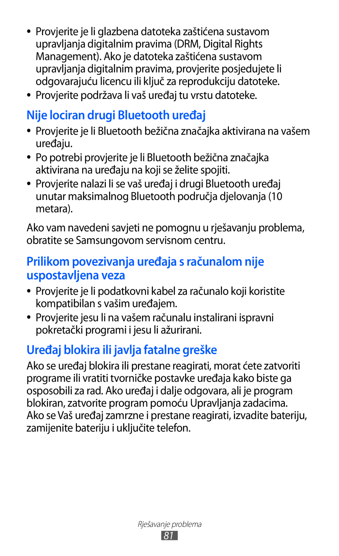 Samsung GT-C6712LKATRA manual Nije lociran drugi Bluetooth uređaj, Provjerite podržava li vaš uređaj tu vrstu datoteke 