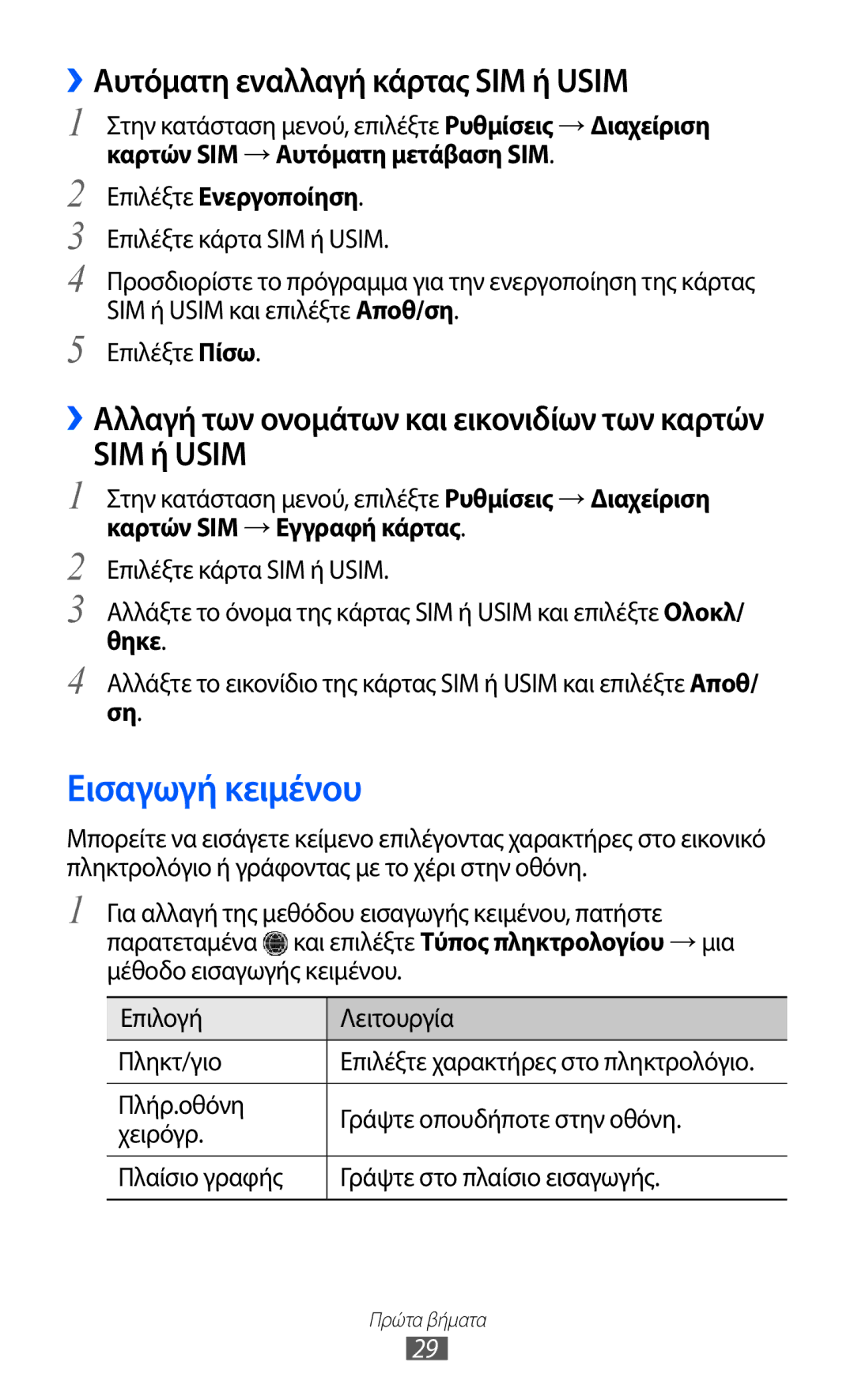 Samsung GT-C6712LKACYO manual Εισαγωγή κειμένου, ››Αυτόματη εναλλαγή κάρτας SIM ή Usim, Επιλέξτε Ενεργοποίηση, Θηκε 