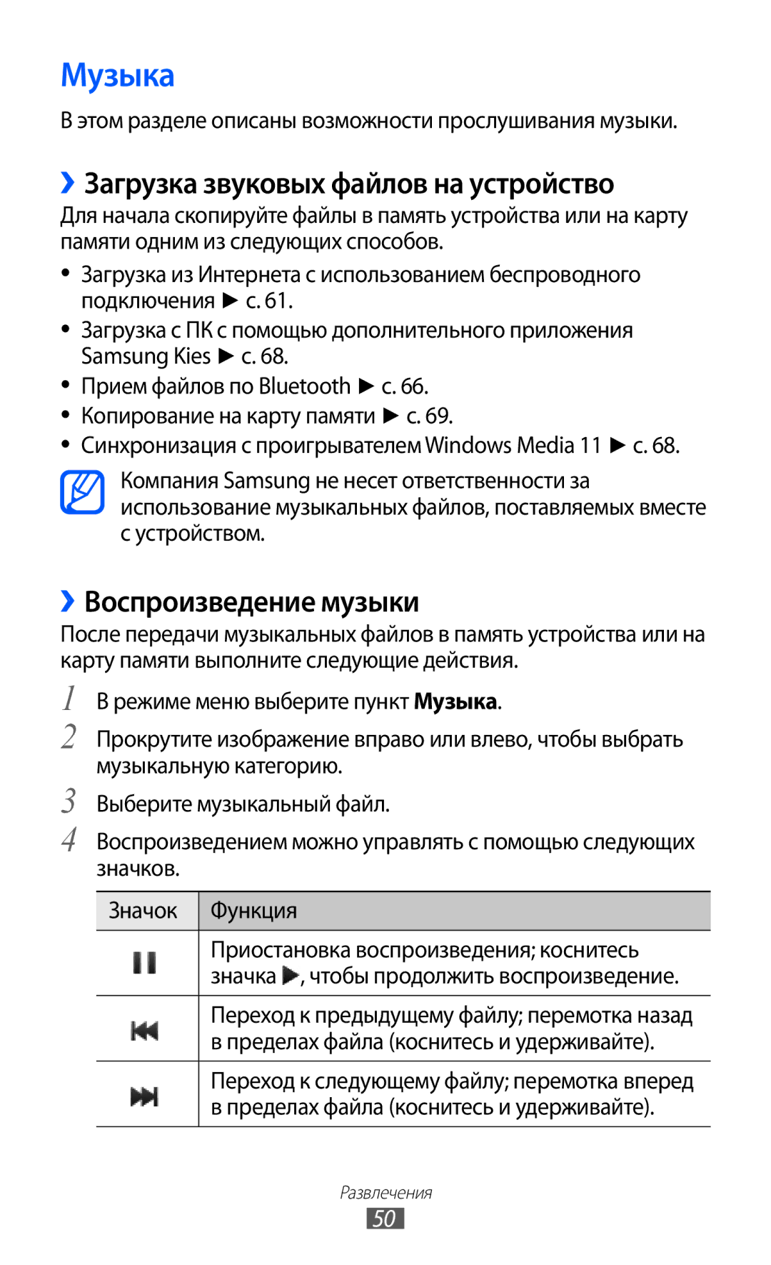 Samsung GT-C6712RWASEB, GT-C6712LKASEB manual Музыка, ››Загрузка звуковых файлов на устройство, ››Воспроизведение музыки 