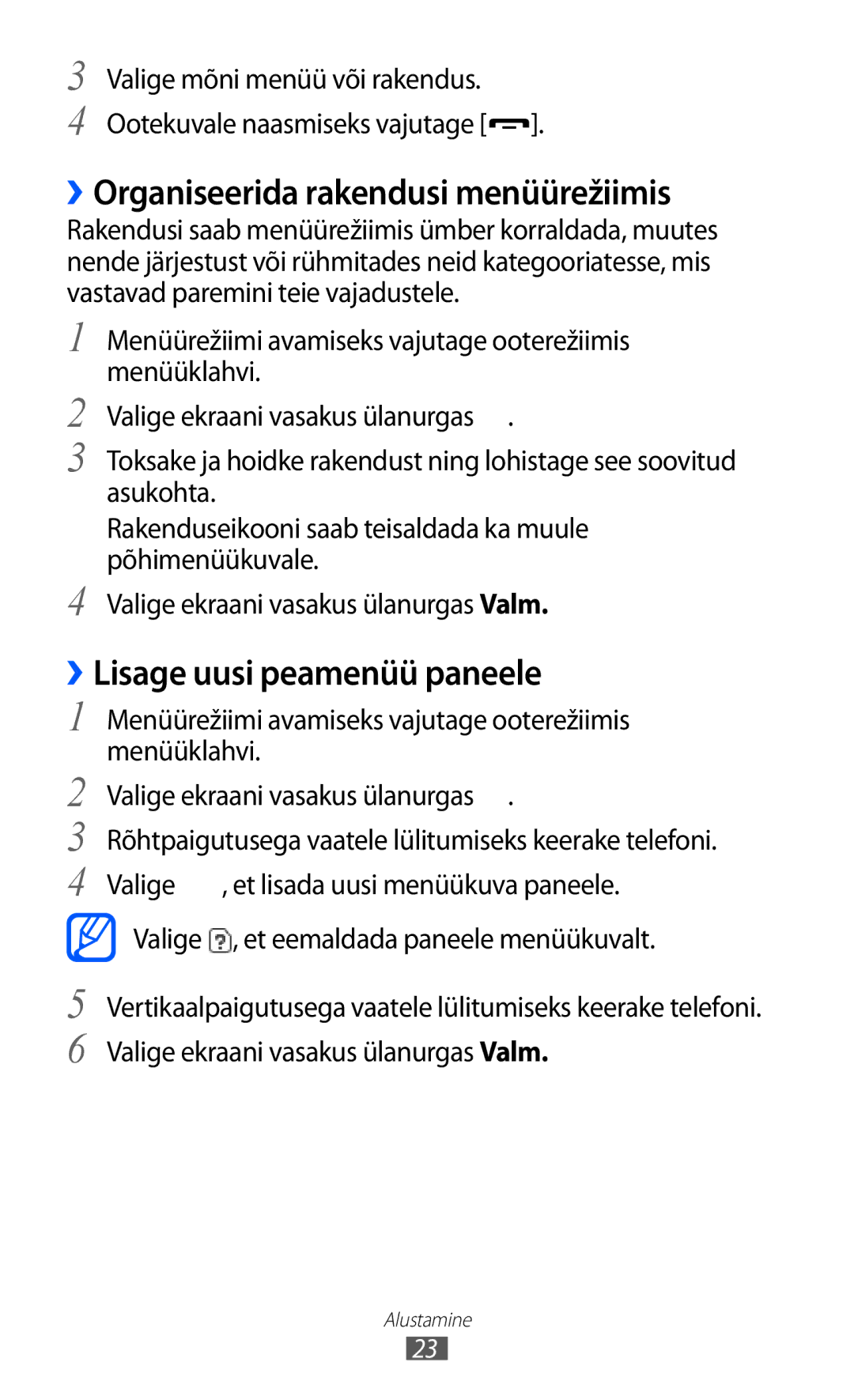 Samsung GT-C6712LKASEB, GT-C6712RWASEB manual ››Organiseerida rakendusi menüürežiimis, ››Lisage uusi peamenüü paneele 