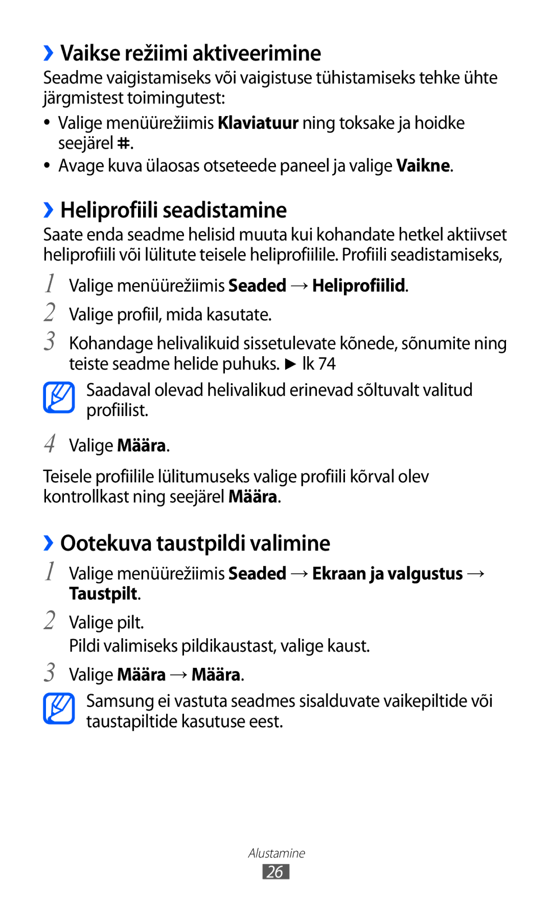 Samsung GT-C6712RWASEB manual ››Vaikse režiimi aktiveerimine, ››Heliprofiili seadistamine, ››Ootekuva taustpildi valimine 