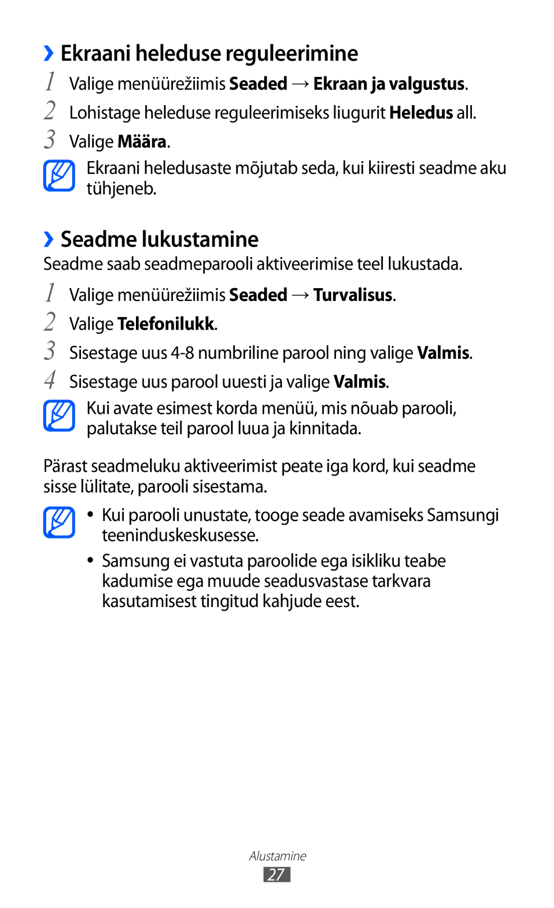 Samsung GT-C6712LKASEB, GT-C6712RWASEB manual ››Ekraani heleduse reguleerimine, ››Seadme lukustamine, Valige Telefonilukk 