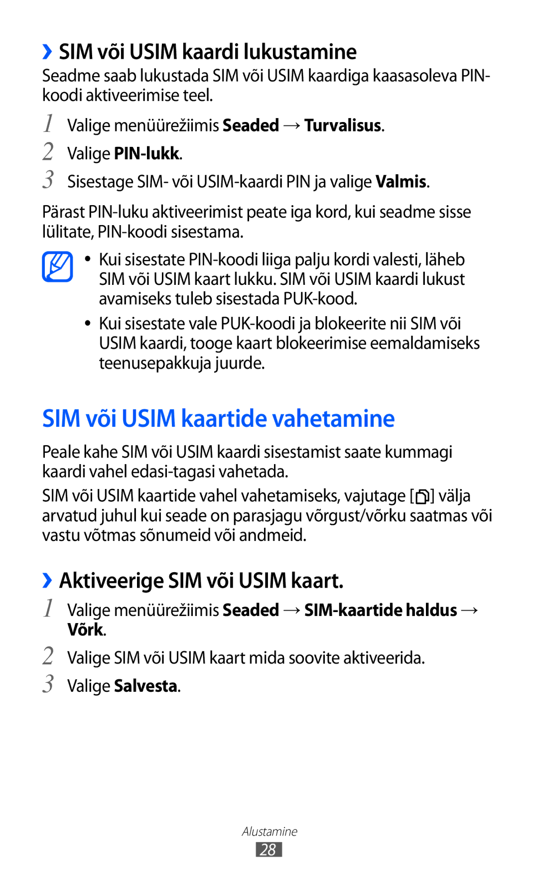 Samsung GT-C6712RWASEB, GT-C6712LKASEB manual SIM või Usim kaartide vahetamine, ››SIM või Usim kaardi lukustamine 