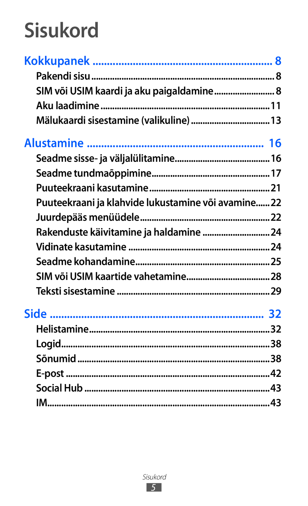 Samsung GT-C6712LKASEB, GT-C6712RWASEB manual Sisukord, Kokkupanek 