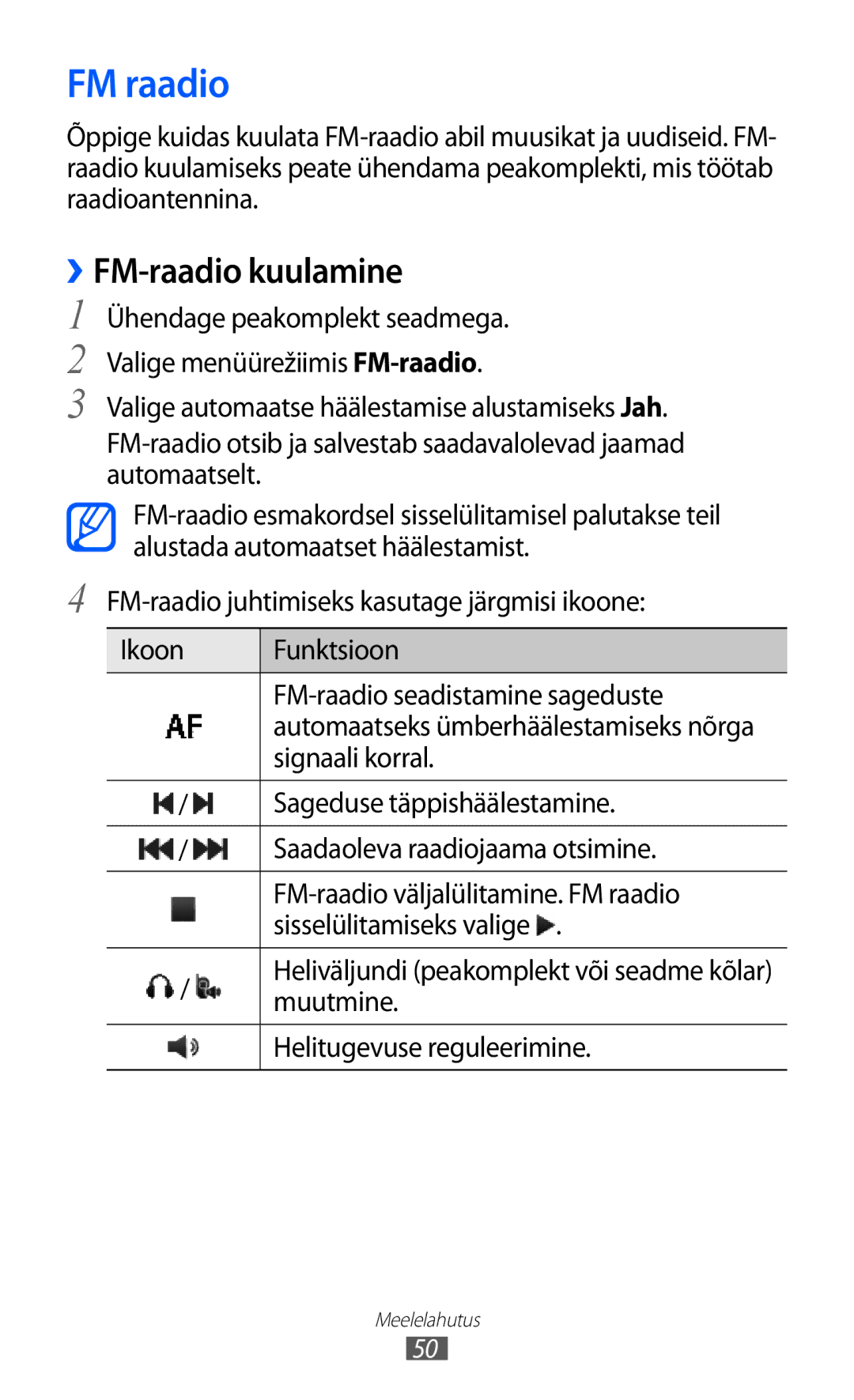 Samsung GT-C6712RWASEB, GT-C6712LKASEB manual FM raadio, ››FM-raadio kuulamine 