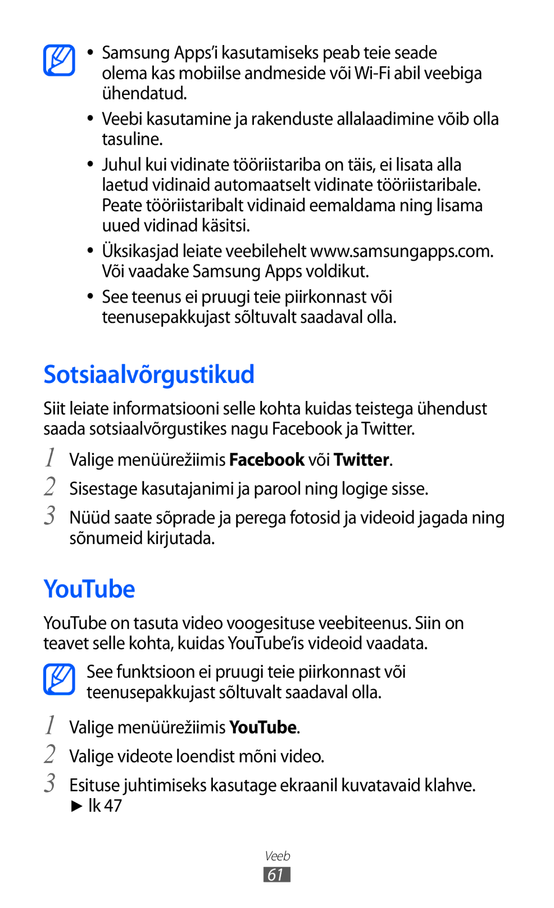 Samsung GT-C6712LKASEB, GT-C6712RWASEB manual Sotsiaalvõrgustikud, YouTube 