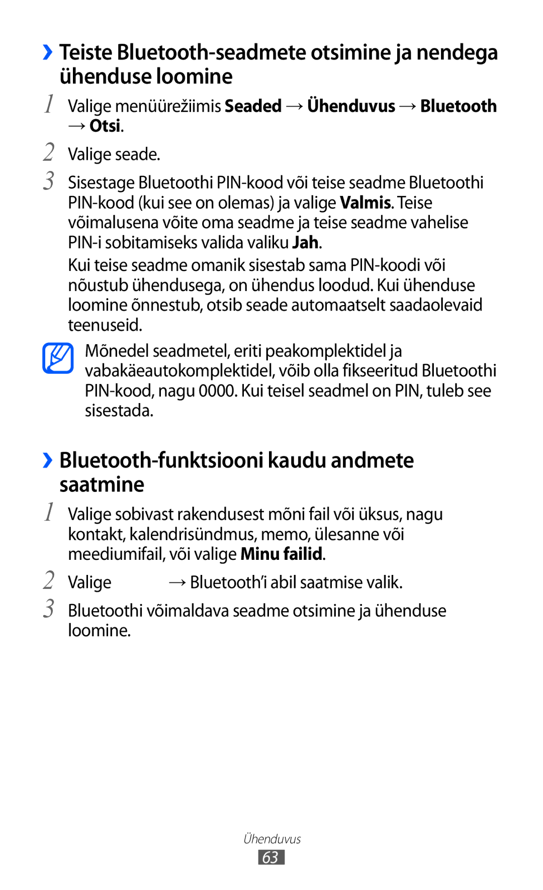 Samsung GT-C6712LKASEB, GT-C6712RWASEB manual ››Bluetooth-funktsiooni kaudu andmete saatmine 