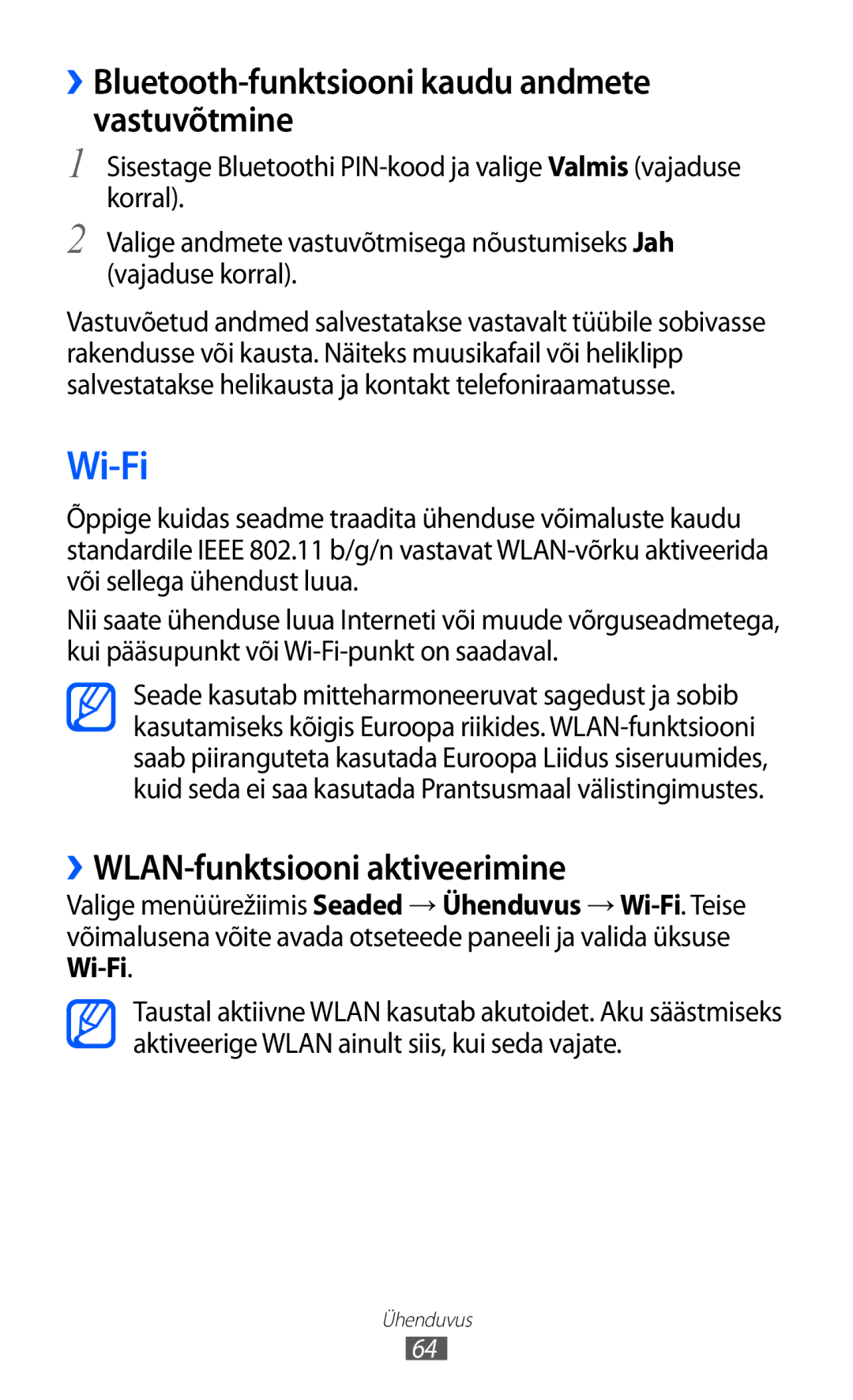 Samsung GT-C6712RWASEB manual Wi-Fi, ››Bluetooth-funktsiooni kaudu andmete vastuvõtmine, ››WLAN-funktsiooni aktiveerimine 