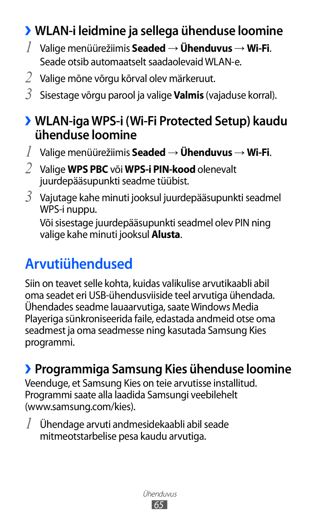 Samsung GT-C6712LKASEB, GT-C6712RWASEB manual Arvutiühendused, ››WLAN-i leidmine ja sellega ühenduse loomine 