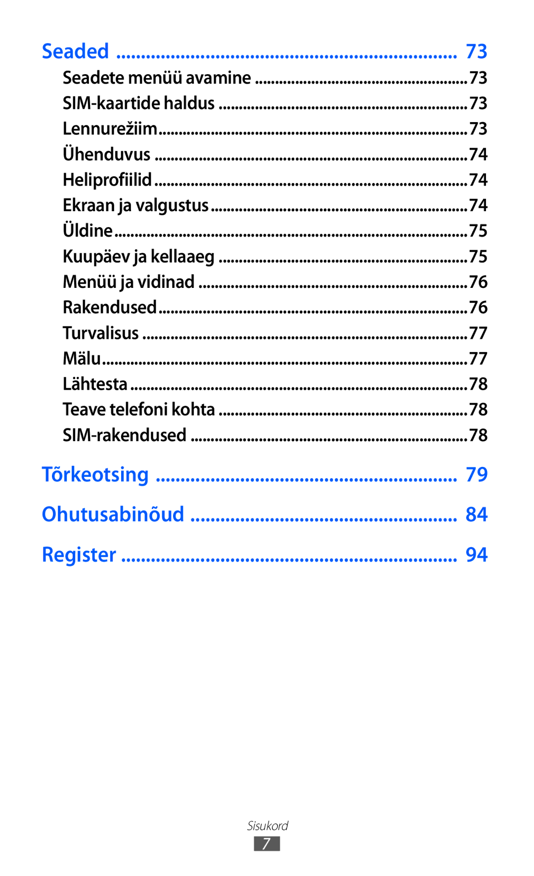 Samsung GT-C6712LKASEB, GT-C6712RWASEB manual Tõrkeotsing Ohutusabinõud Register 