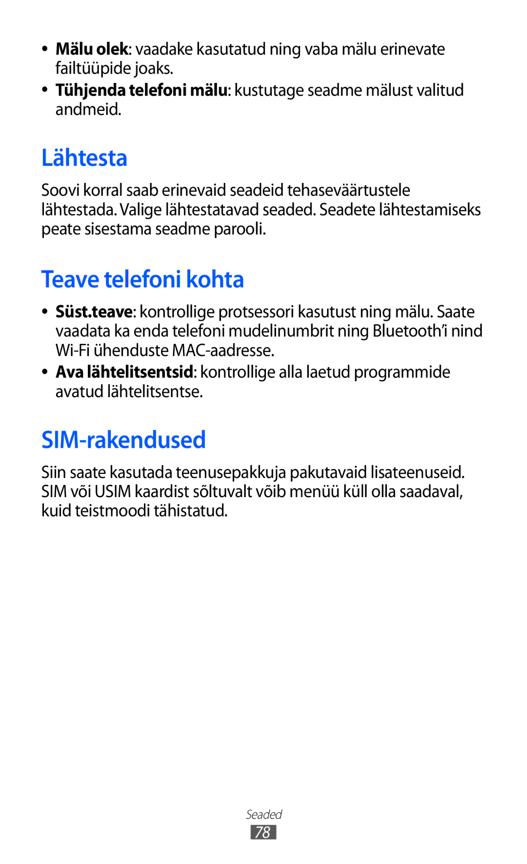 Samsung GT-C6712RWASEB, GT-C6712LKASEB manual Lähtesta, Teave telefoni kohta, SIM-rakendused 