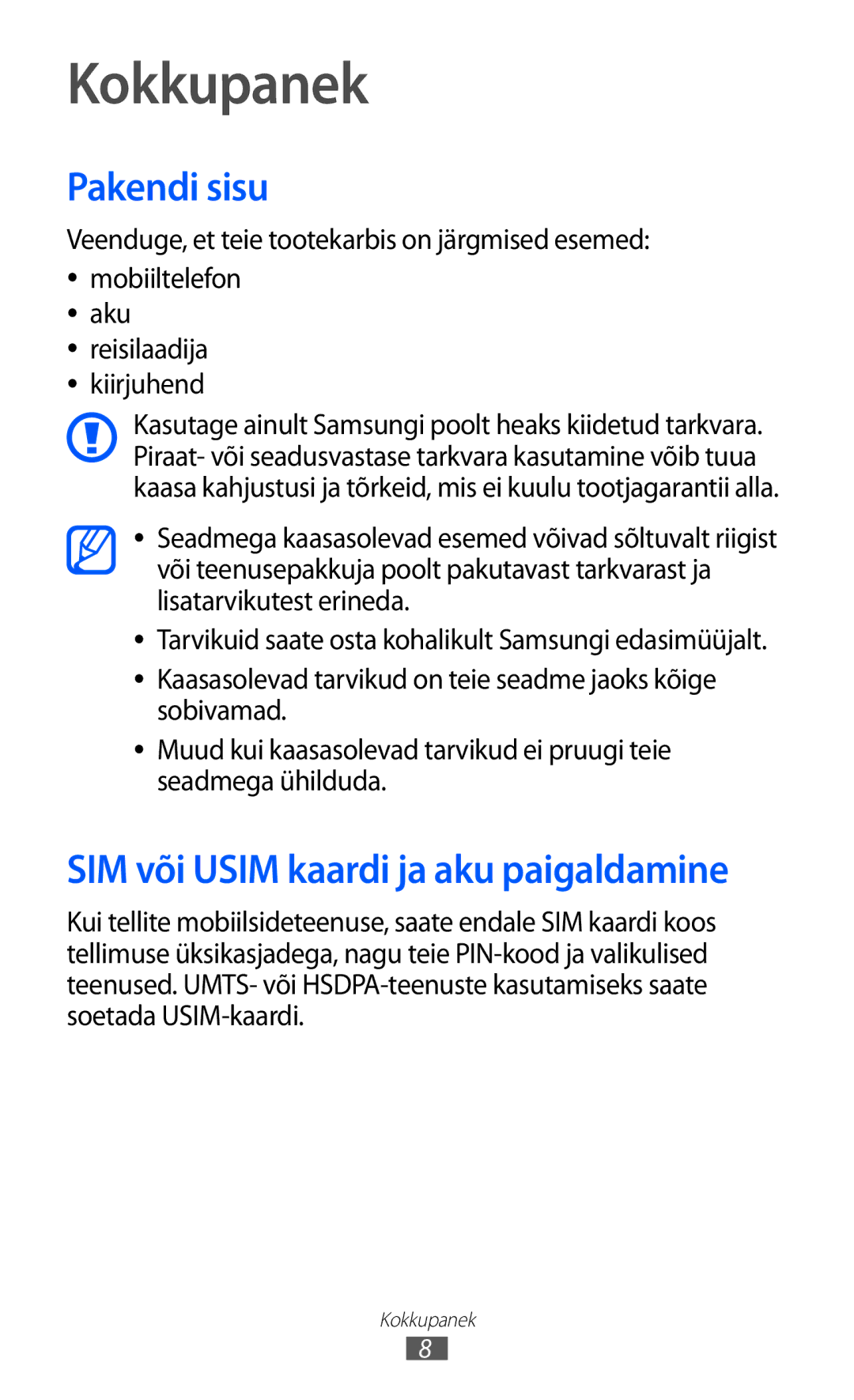 Samsung GT-C6712RWASEB, GT-C6712LKASEB manual Kokkupanek, Pakendi sisu, SIM või Usim kaardi ja aku paigaldamine 