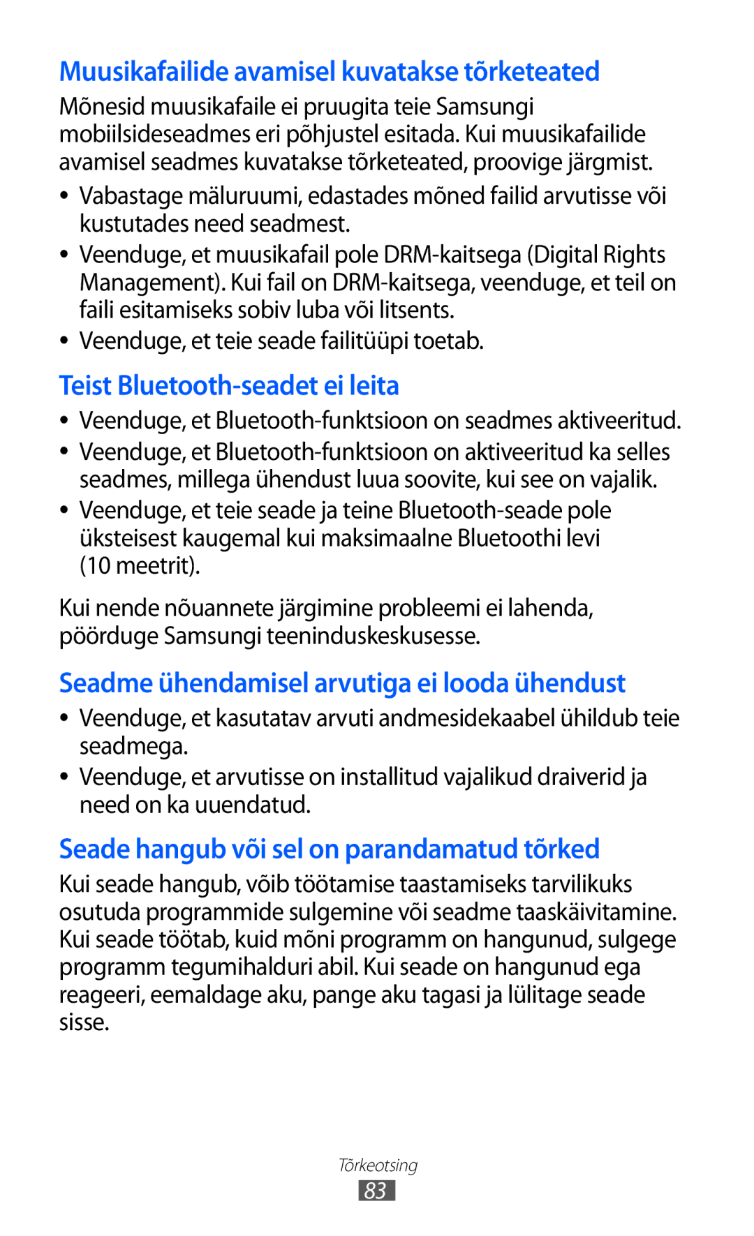 Samsung GT-C6712LKASEB, GT-C6712RWASEB manual Muusikafailide avamisel kuvatakse tõrketeated 