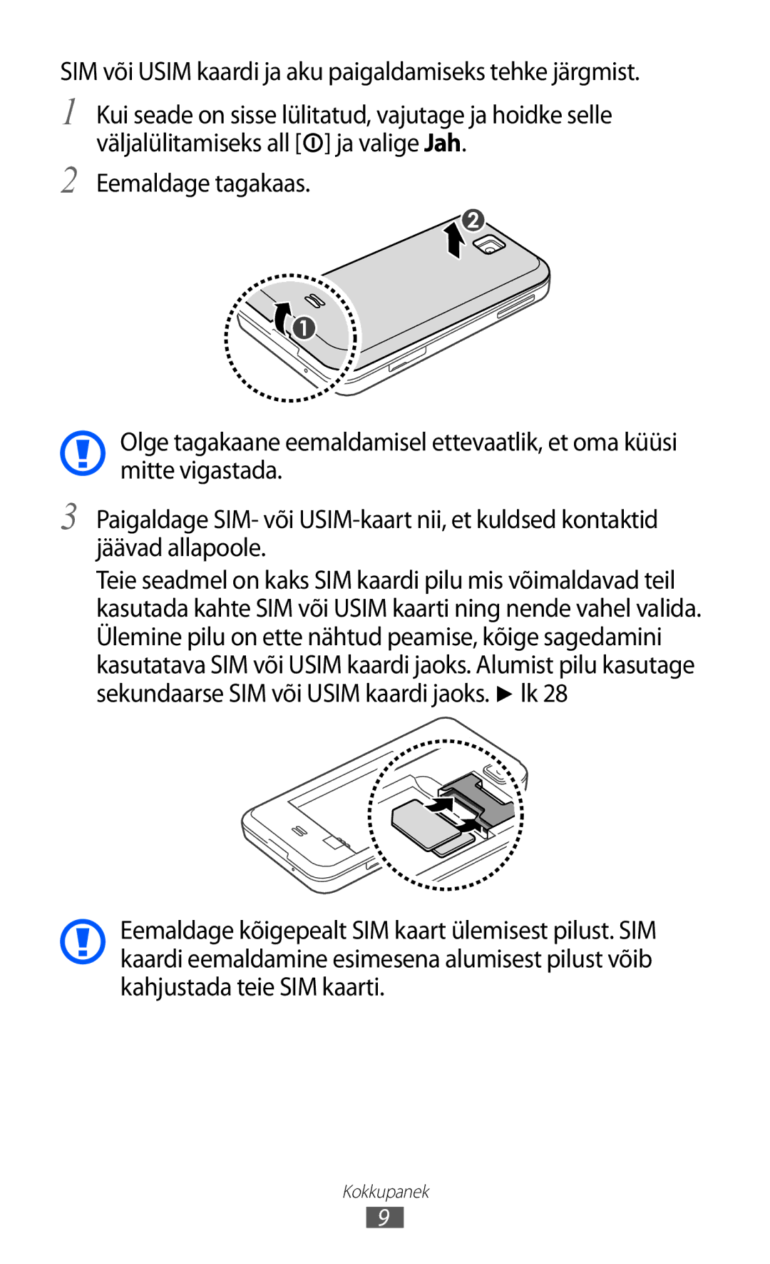 Samsung GT-C6712LKASEB, GT-C6712RWASEB manual SIM või Usim kaardi ja aku paigaldamiseks tehke järgmist 