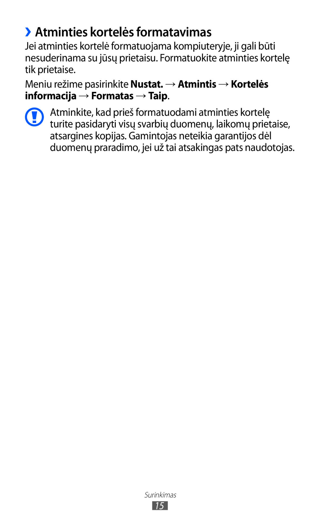 Samsung GT-C6712LKASEB, GT-C6712RWASEB manual ››Atminties kortelės formatavimas 