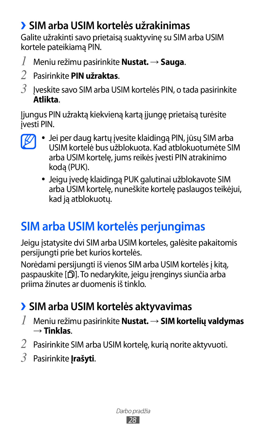 Samsung GT-C6712RWASEB, GT-C6712LKASEB SIM arba Usim kortelės perjungimas, ››SIM arba Usim kortelės užrakinimas, → Tinklas 