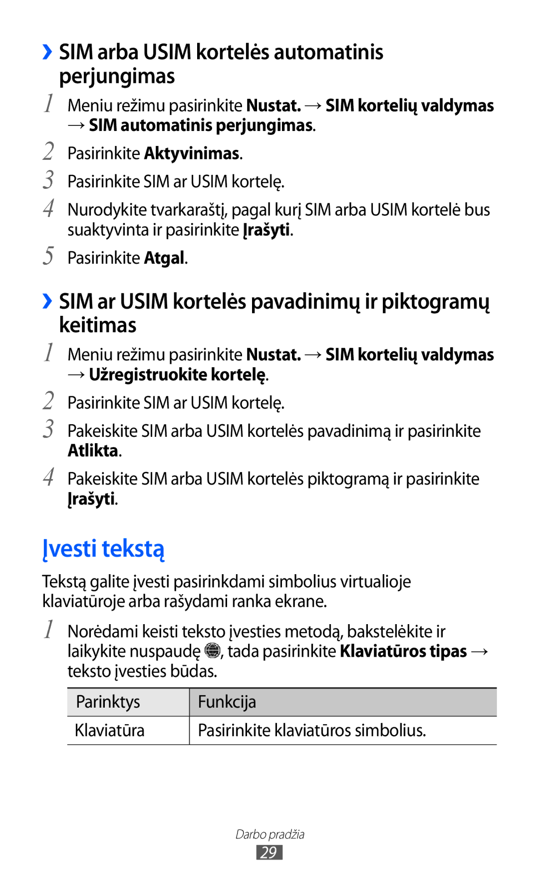 Samsung GT-C6712LKASEB, GT-C6712RWASEB manual Įvesti tekstą, ››SIM arba Usim kortelės automatinis perjungimas 