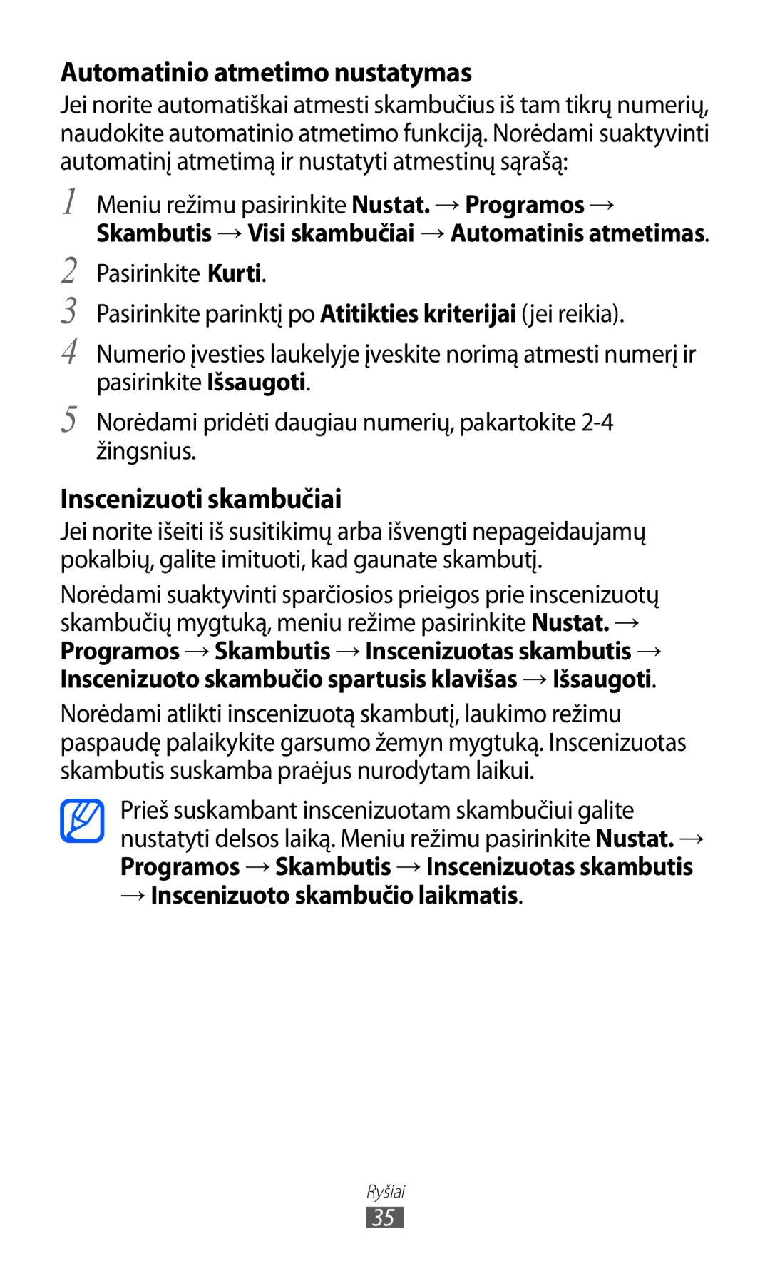 Samsung GT-C6712LKASEB, GT-C6712RWASEB manual Automatinio atmetimo nustatymas, → Inscenizuoto skambučio laikmatis 