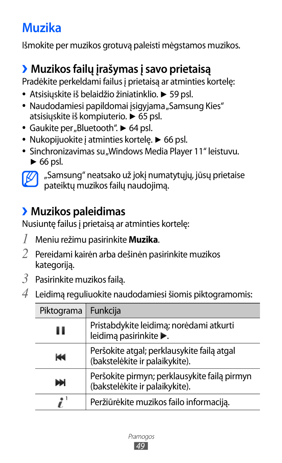 Samsung GT-C6712LKASEB, GT-C6712RWASEB manual Muzika, ››Muzikos failų įrašymas į savo prietaisą, ››Muzikos paleidimas 