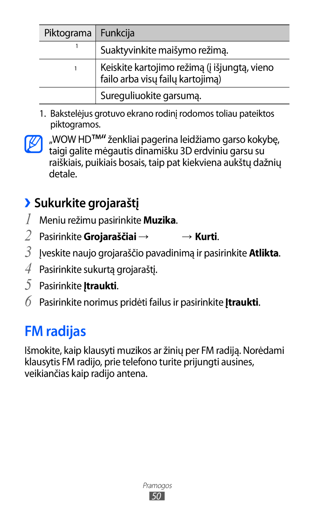 Samsung GT-C6712RWASEB, GT-C6712LKASEB manual FM radijas, ››Sukurkite grojaraštį, Pasirinkite Grojaraščiai → → Kurti 