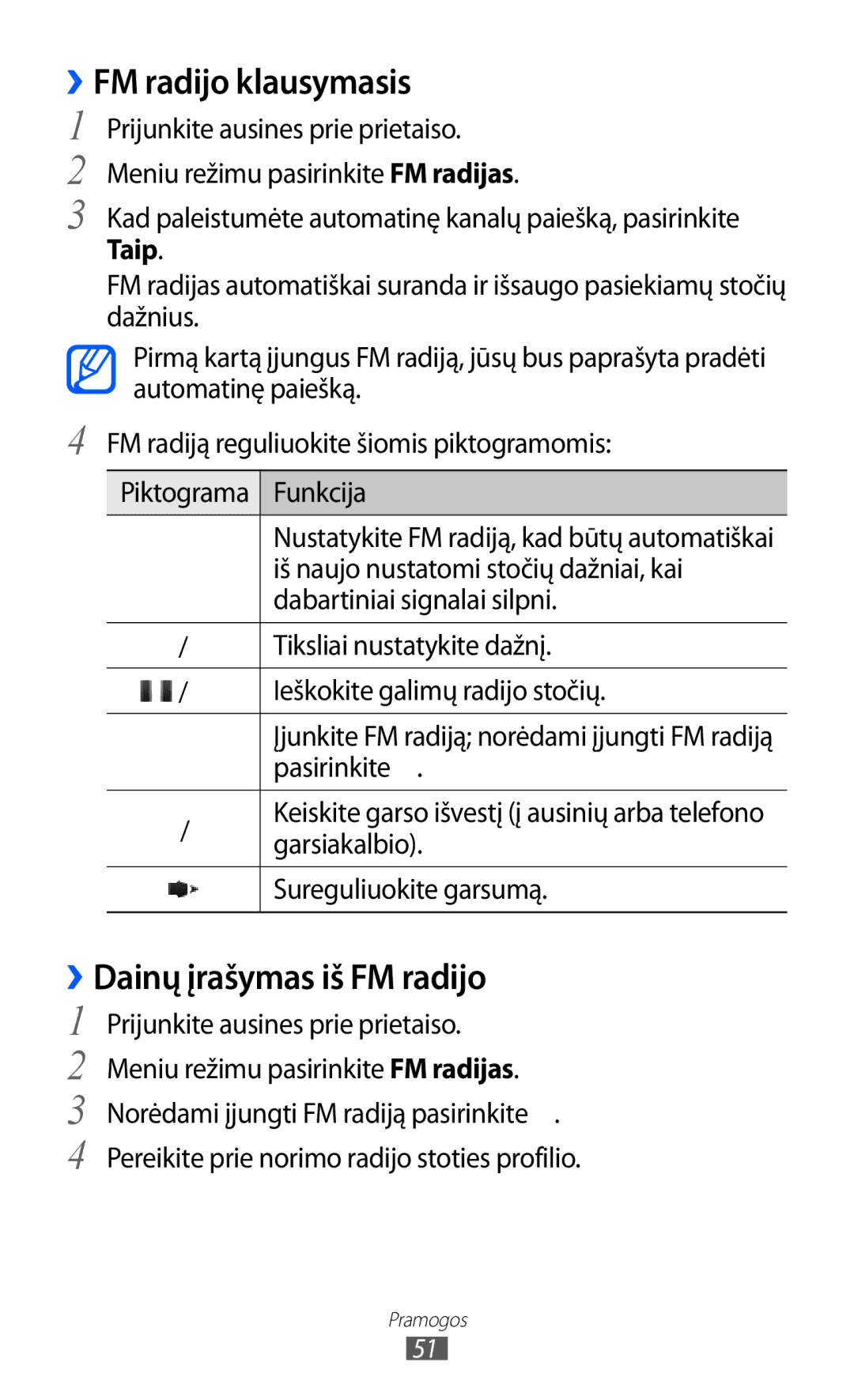 Samsung GT-C6712LKASEB, GT-C6712RWASEB manual ››FM radijo klausymasis, ››Dainų įrašymas iš FM radijo 