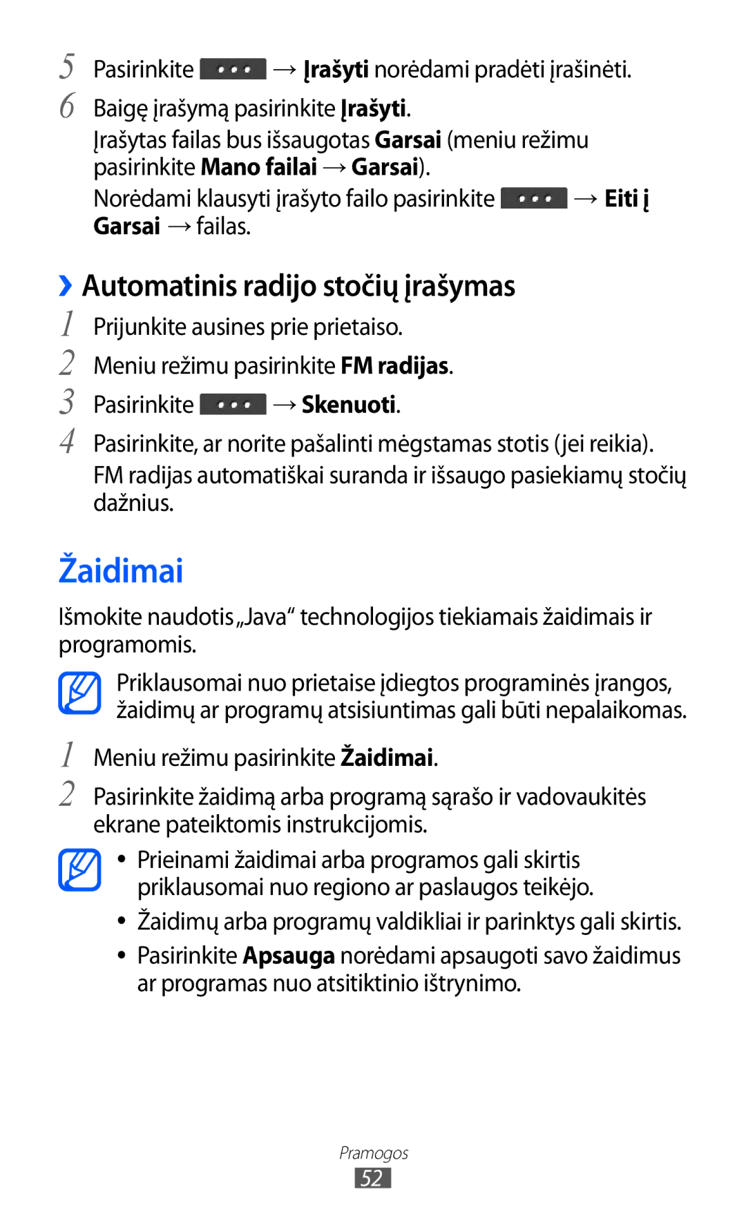 Samsung GT-C6712RWASEB, GT-C6712LKASEB manual Žaidimai, ››Automatinis radijo stočių įrašymas 