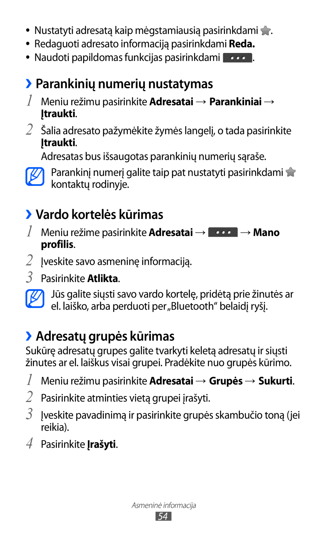 Samsung GT-C6712RWASEB manual ››Parankinių numerių nustatymas, ››Vardo kortelės kūrimas, ››Adresatų grupės kūrimas 